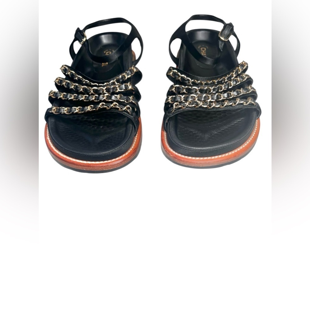 Chanel Satin Lambskin Chain Flat Sandals Black Leather Size 36 - Picture 3 of 7